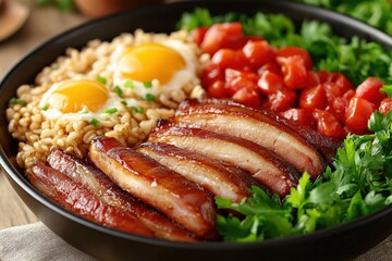 Delicious Breakfast Bowl Featuring Two Eggs, Chicken Sausage, Fresh Tomatoes, and Flavorful Brown Rice Garnished with Parsley on a Rustic Wooden Table