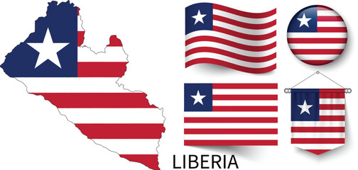 Naklejka premium The different designs of Liberia's national flags and the map showing Liberia's borders