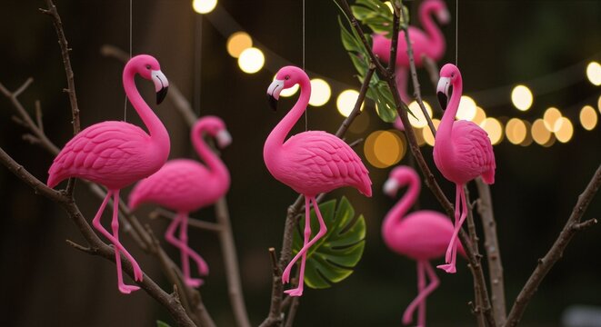 Hanging pink flamingos adorned with tropical leaves illuminated by fairy lights creating a whimsical and vibrant atmosphere