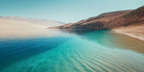 Orilla de una laguna en el desierto, desierto inundado, aguas turquesas y arena del desierto