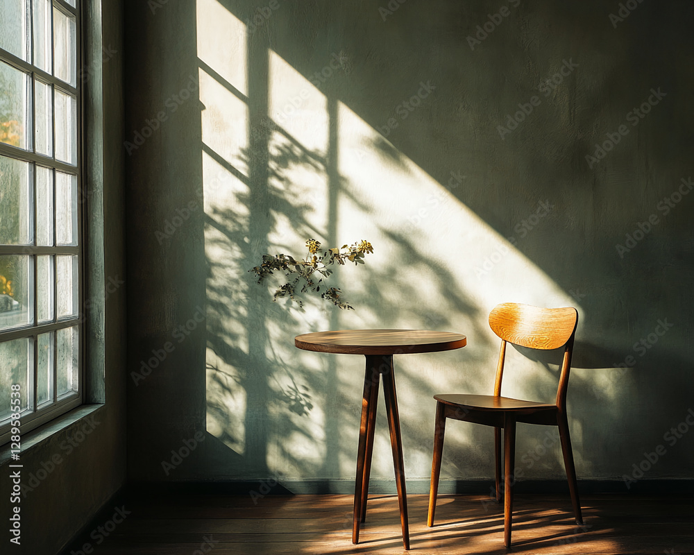 Poster still life of a wooden chair and table next to a window with soft sunlight casting shadows on the wa