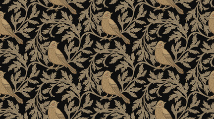 Naklejka premium Vintage style seamless pattern with Floral wreath and birds for retro wallpapers. Enchanted Vintage Flowers. Arts and Crafts movement inspired. Design for wrapping paper, wallpaper, fabrics and