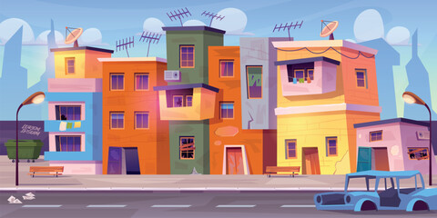 Ghetto street. Poor city slum, abandoned houses village building broken neighborhood cartoon background poverty country dirty urban favela cityscape, swanky vector illustration © ssstocker