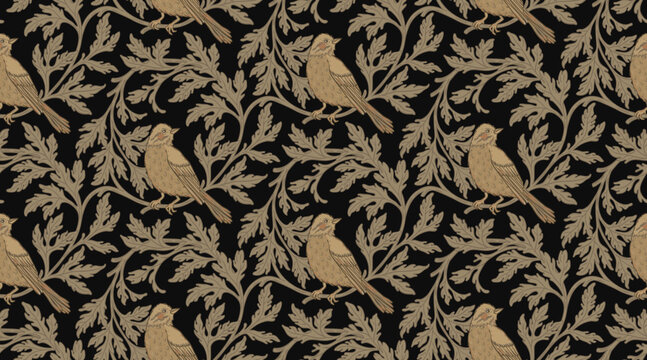 Vintage style seamless pattern with Floral wreath and birds for retro wallpapers. Enchanted Vintage Flowers. Arts and Crafts movement inspired. Design for wrapping paper, wallpaper, fabrics and