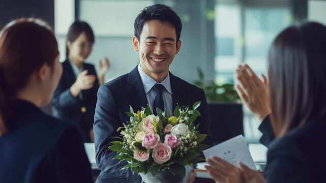 職場での送別会、花束と感謝を伝える温かいひととき