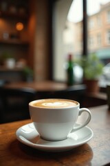 Creamy coffee, blurred cafe scene, soft focus , relax, image, light