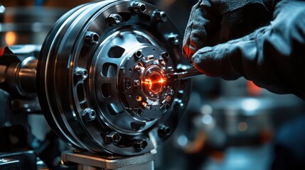 Fototapeta premium A Skilled Technician, Wearing Gloves, Carefully Adjusts Precision Engineering Components in a Modern Workshop Environment, Focusing on Machine Parts and Tools with an Intense Red Glow