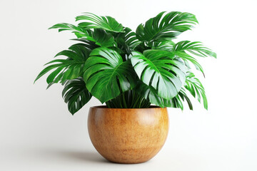 Obraz premium stylish houseplant - monstera, placed in a round wooden flowerpot. 