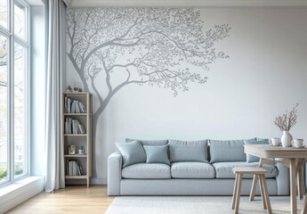 Modern living room with light blue sofa, wooden table, bookshelf, and large wall art of a tree.