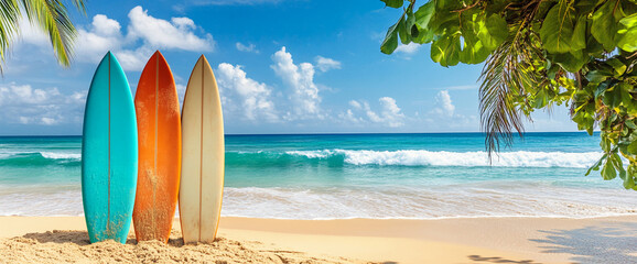 Three colorful surfboards in turquoise, orange, and cream standing on a sandy beach with the ocean and sky in the background, evoking a tropical, vacation, and surfing vibe