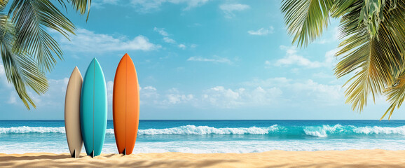 Vibrant beach scene with three colorful surfboards in turquoise, orange, and cream on a sandy beach with ocean waves and palm tree leaves in the background, showcasing a tropical lifestyle.