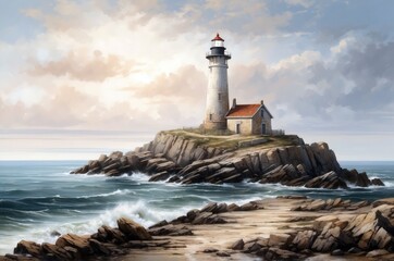 Scenic coastal lighthouse standing tall on rocky cliff under a cloudy sky at sunrise
