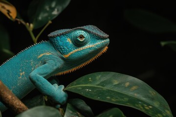 Fototapeta premium A Vibrant Male Blue Chameleon Clinging to a Leafy Branch in a Dense Tropical Rainforest Environment