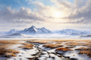 Winter landscape with majestic mountains and a flowing river under a soft sunlit sky