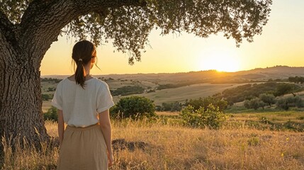 A Woman Standing Under A Tree Observing The Beautiful Sunset