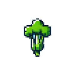 Obraz premium Pixel broccoli icon. Broccoli vegetable logo in pixel style of the 80s, 90s. Broccoli food for games, websites, animations. 8bit icon. Vector vintage retro broccoli icon.