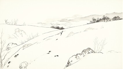 Tranquil Japanese winter landscape with lone footprints in snow dark ink trees and distant mountains conveying solitude