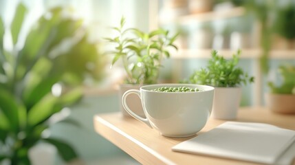 Plants growing in mug, sunny kitchen table