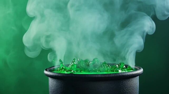 Steaming green potion in cauldron, Halloween backdrop