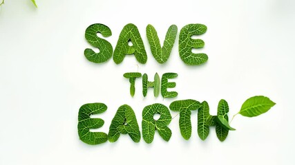 Green leaves forming SAVE THE EARTH message on light background. concept of environmental awareness, nature conservation, ecofriendly living, sustainable future, saving the planet, ecology, animation