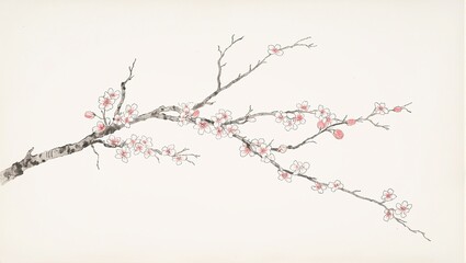 Stunning traditional Japanese painting of a blossoming plum tree in spring showcasing delicate pink and white flowers against stark branches