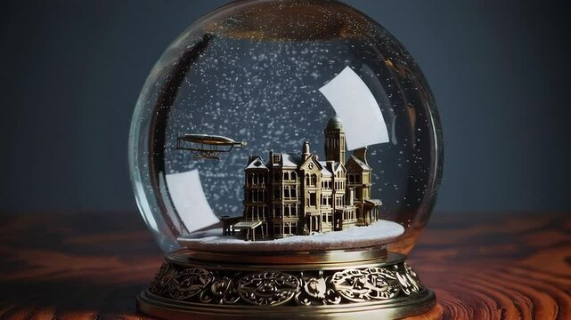 Steampunk Snowglobe. Delicate Brass Victorian Cityscape With Zeppelin inside of Ornate Snow Globe. Vintage / Retro / Historic Christmas Scene.