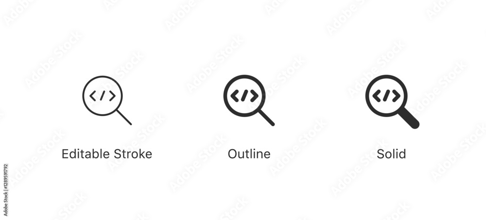 Poster find code icon with magnifying glass search icon and coding symbol. editable stroke, outline flat style