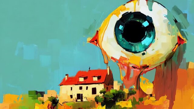 Melting Oil Painted Eyeball Over a Small European Village. Creepy Oil Painting Style Animation. Looping. Animated Background / Wallpaper. VJ / Vtuber / Streamer Backdrop. Seamless Loop.