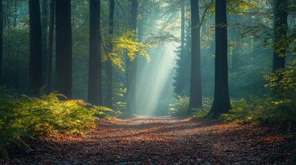 Obraz premium Serene Forest Path with Sunlight Filtering Through Trees