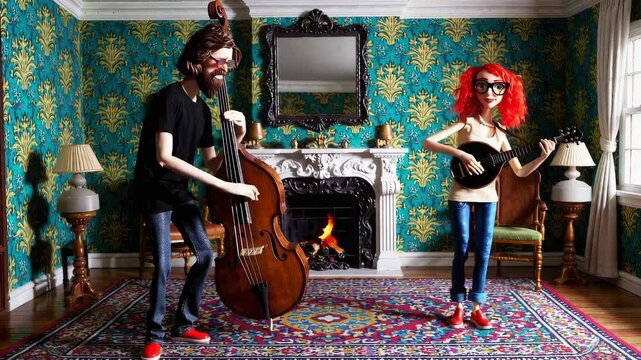 Claymation Style Animation of a Music Duo Playing Bass and Mandolin Music in a Victorian Style Room with a Fireplace.  Looping. Animated Background / Wallpaper. VJ / Vtuber / Seamless Loop.