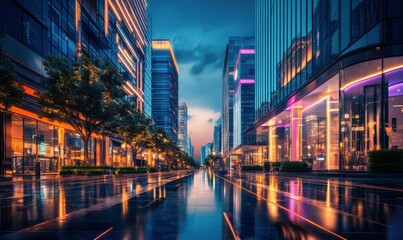 Fototapeta premium A modern cityscape with bright neon lights, symbolizing energy, creativity, and urban innovation.