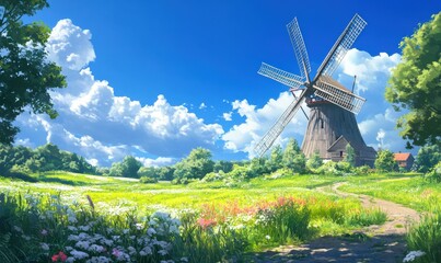 A scenic countryside windmill surrounded by lush green fields and a vibrant blue sky, symbolizing traditional energy and natural beauty