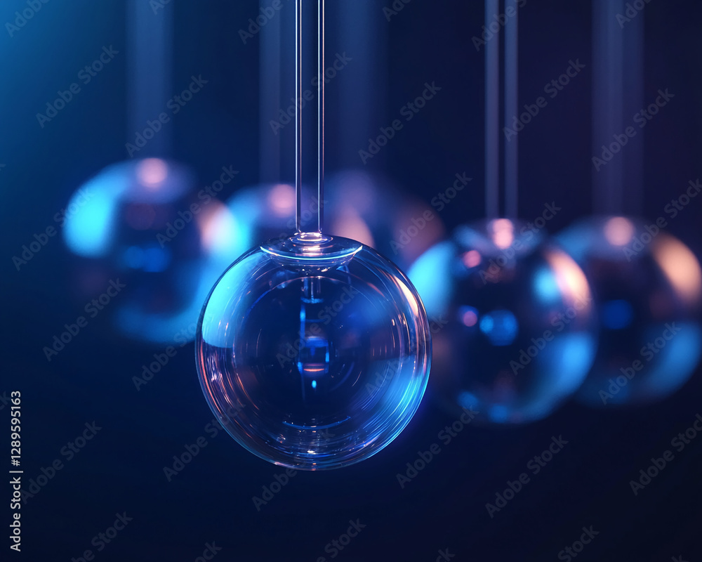 Aufkleber close-up of five metallic spheres suspended in mid-air, creating a dynamic visual with a glowing blu