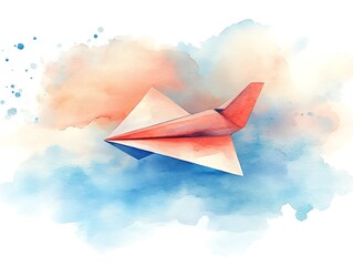 A red paper airplane is flying in the clouds
