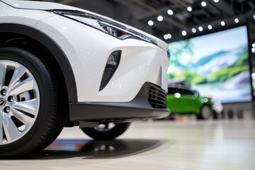 closeup of a modern white car on display