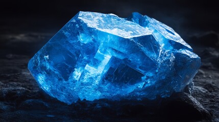 Fototapeta premium A big, blue, shiny rock is in the middle of a dark place. It has many flat surfaces that reflect light.