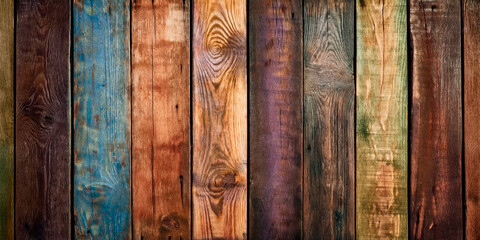 Panoramic background of rustic, weathered wooden planks with faded paint in various colors, arranged vertically