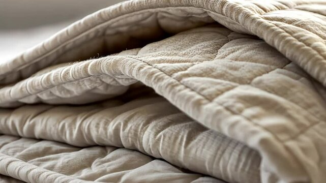 Cozy quilted blanket folds and textures in soft natural light