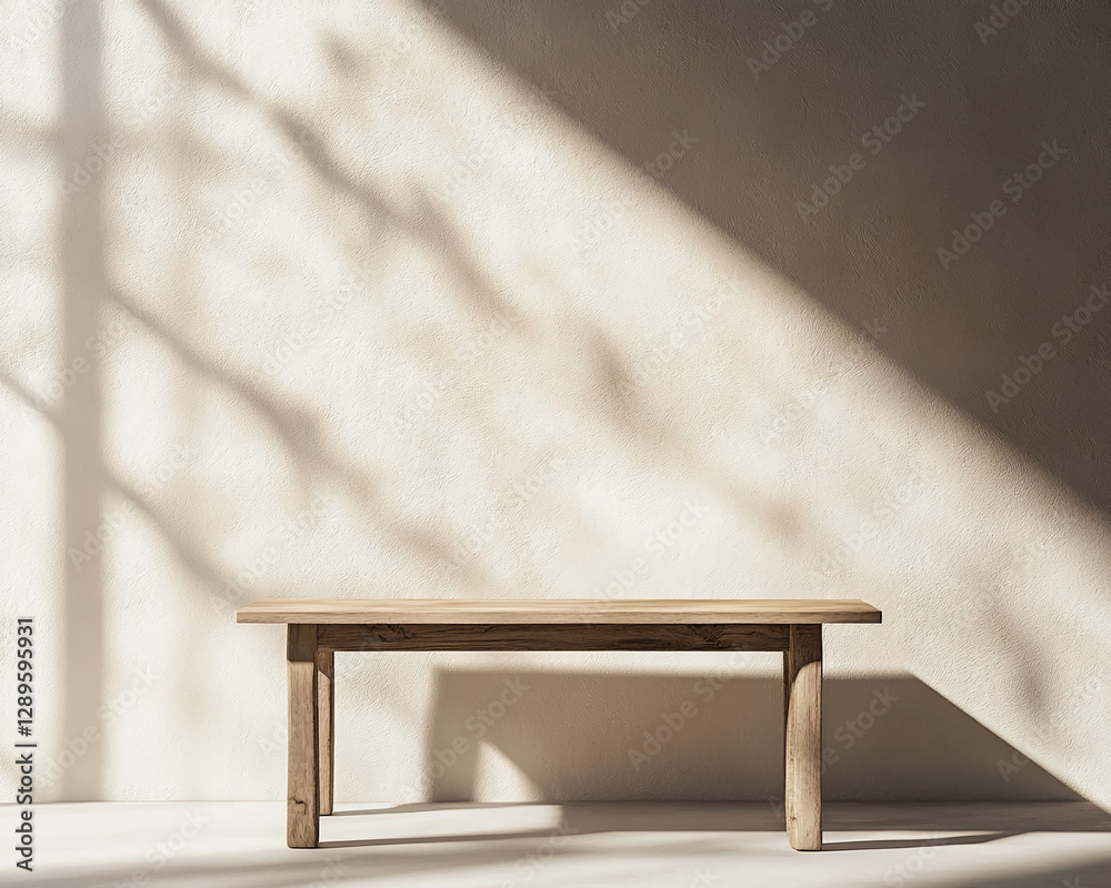 Poster a wooden table illuminated by soft sunlight casting shadows on a neutral textured wall, symbolizing 