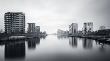 Naklejka premium A Dutch cityscape with buildings specifically designed in the Netherlands style. The photo was taken in black and white and shows the river Roer.