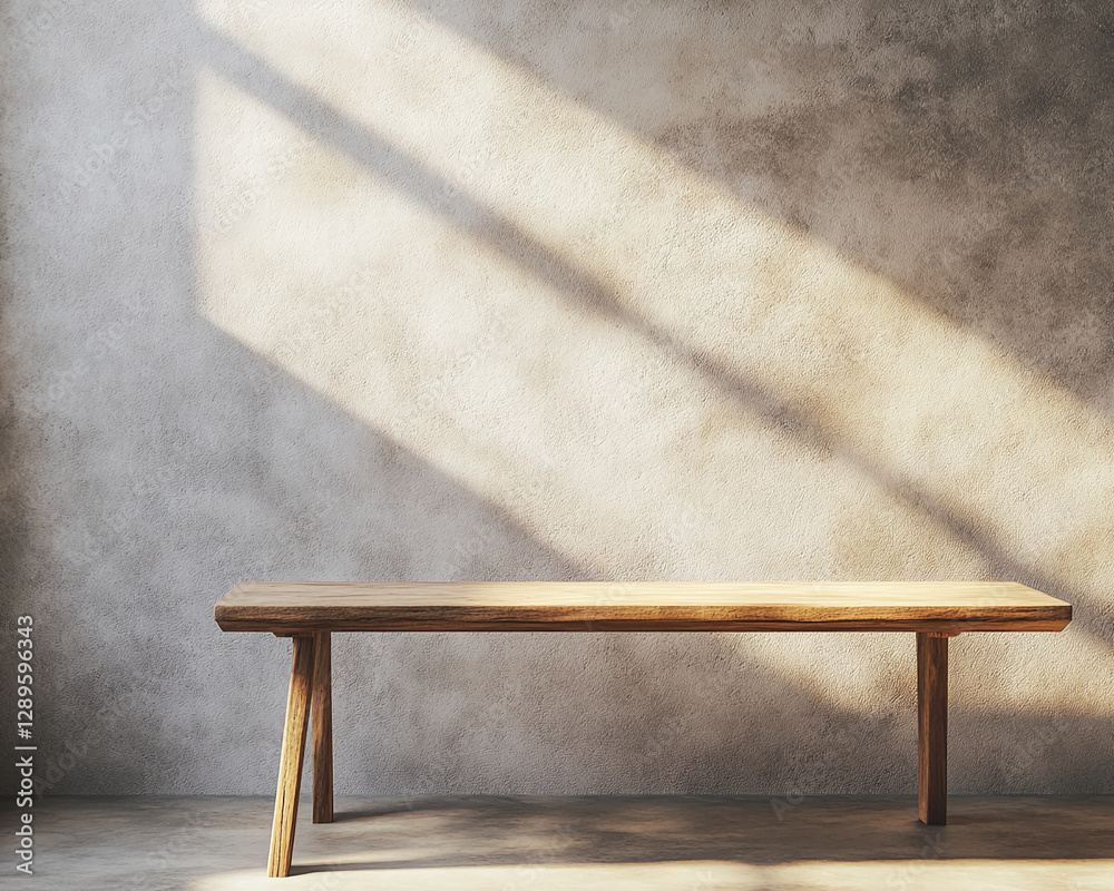Poster A wooden table illuminated by soft sunlight casting long shadows on a neutral wall, creating a serene and minimalistic atmosphere with elegant simplicity.