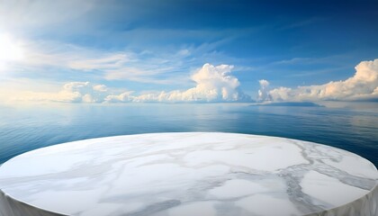 Gentle white marble podium with ocean sky background for displaying products