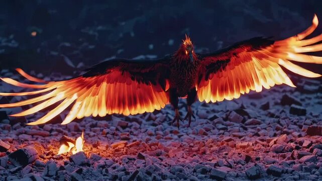 Phoenix Rising from the Ashes. Firebird Flying in the Coals.  Looping. Background / Wallpaper. VJ / Vtuber / Backdrop. Seamless Loop.
