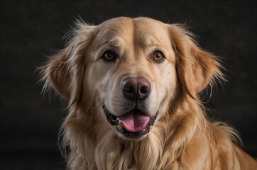 Golden Retriever Close-Up: A stunning close-up portrait of a Golden Retriever with deep, expressive eyes and a friendly smile, set against a dark background.