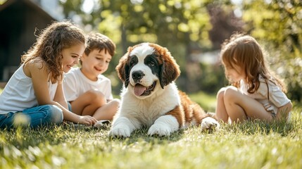 Saint Bernard puppy playing with children in a sunny backyard
