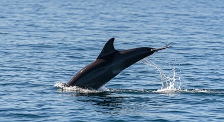 Fototapeta premium Jumping dolphin breaching the water surface showcasing playful energy under the bright sunlight