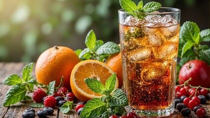 Fresh ingredients for homemade iced tea orange slices mint leaves and berries surround a tall glass filled with the chilled beverage exuding freshness and vibrancy