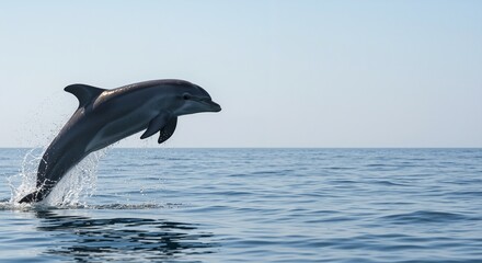 Obraz premium Dolphin jumping joyfully above the calm ocean surface in a clear sky