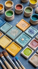 Naklejka premium Flat-lay of colorful ceramic tiles with intricate handmade glaze patterns