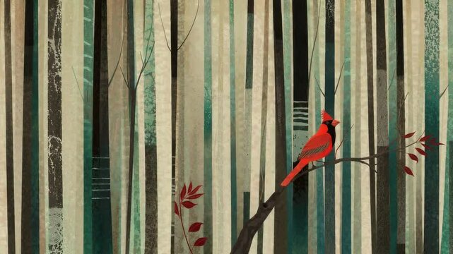 Storybook Style Red Cardinal on a Branch in the Forest. Looping. Animated Background / Wallpaper. VJ / Vtuber / Streamer Backdrop. Seamless Loop.